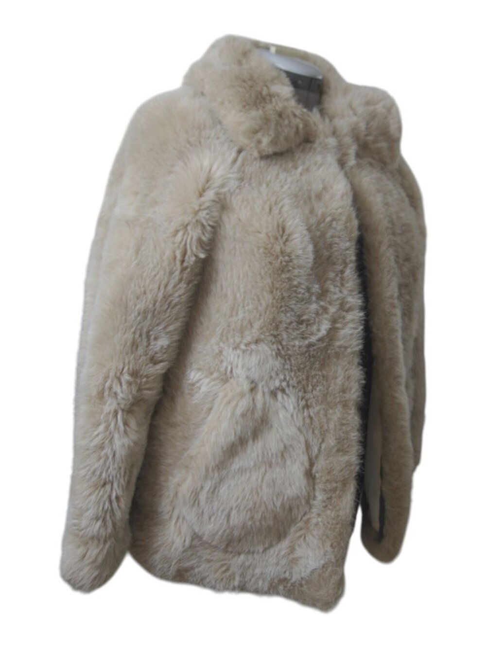 Cream Faux Fur Teddy Coat Collared Lined Jacket with Pockets Hook & Eye No Tag - Picture 3 of 11